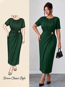 Reflora Plus Size Elegant Metal Decor Pleated Short Sleeve Dress - Dark Green - View 8