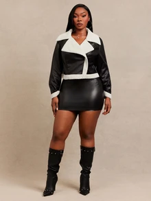 SHEIN SXY Black Faux Fur & PU Leather Short Long Sleeve Jacket Winter - Black and White - View 5