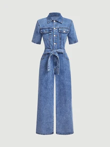 Sweetra Women's Casual Everyday Denim Jumpsuit With Turn-Down Collar - Blue - View 5