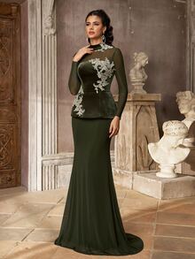 Aureia Dark Green Velvet & Mesh Applique Mermaid Evening Gown, High Neck Long Sleeve Sheer Dress With Train, Suitable For Prom, Party And Wedding - Dark Green - View 6