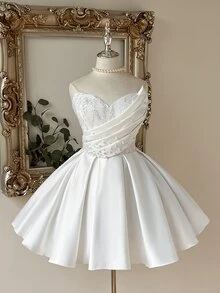 Lovelzi Elegant Luxurious White Sequin Embroidered Patchwork Satin Handmade Sequins Decor Strapless Asymmetric Bubble Hem Wedding Gift Party Dress - White - View 1
