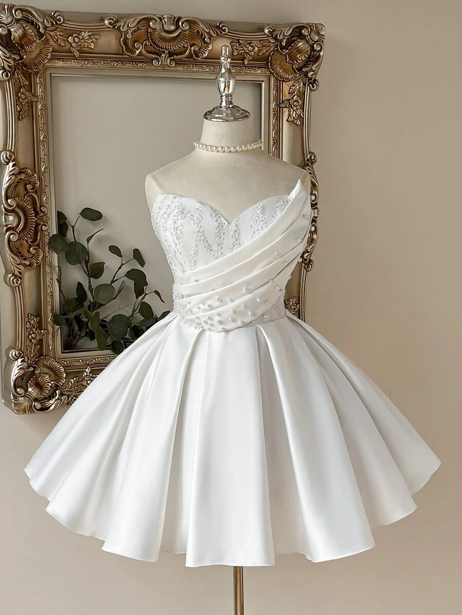 Lovelzi Elegant Luxurious White Sequin Embroidered Patchwork Satin Handmade Sequins Decor Strapless Asymmetric Bubble Hem Wedding Gift Party Dress - White - View 1
