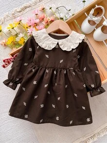 Baby Girl Peter Pan Collar Daisy Pattern Long Sleeve Cute Dress - Multicolor - View 6