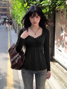 Sweetina 女款長袖收腰蝴蝶結裝飾蕾絲拼接純色休閒T恤 - 黑色 - 查看 6