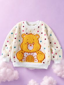 SHEIN X Care Bears 1件少女休閒百搭彩色波點毛絨卡通熊貼布繡圖案圓領寬鬆長袖套頭運動衫，適合日常穿著、秋冬、室內、運動、攝影、節慶、生日 - 白色 - 查看 1
