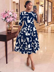 SHEIN Lady Plus Size Women's All-Over Print Pleated Casual Everyday Summer Dress - Navy Blue - View 1