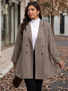Chikora Plus Size Women's Houndstooth Lapel Neck Long Sleeve Double-Breasted Blazer - Brown - View 8