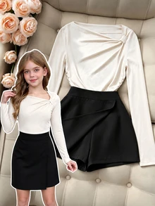 SHEIN Elladie kids 韓系軟妹大童兩件套：不對稱露肩長袖上衣 + 前開衩高腰短裙褲套裝，Regular Fab - 黑與白 - 查看 6