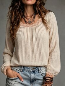 Glimmora New Women's Fashion Casual Versatile Raglan Sleeve Ribbed Lace Patchwork Long Lantern Sleeve T-Shirt - Multicolor - View 6