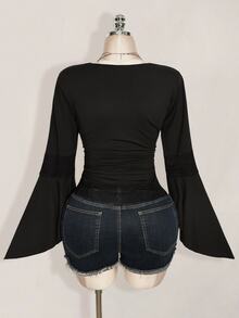 SHEIN ICON Women Plus Size Deep V Neck Lace Patchwork Casual Daily Wear Blouse Fall - Black - View 2