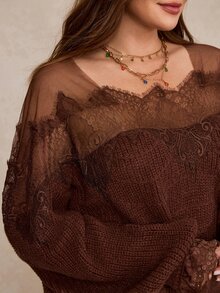 Freevana Slouchy Plus Size Women's Contrast Lace Design High-End Cold Shoulder Knit Top - Mocha Brown - View 5