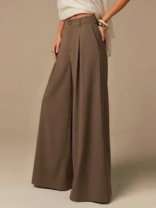 COSMINA Women's Pleated Wide Leg Dress Pants Elegant Commute Coffee Color Autumn/Winter Women's Suit Pants - Coffee Brown - View 3
