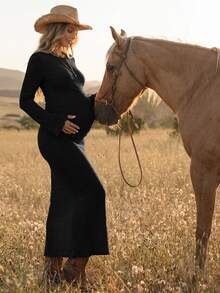 Boho Mama 孕婦純色休閒派對洋裝 - 黑色 - 查看 5