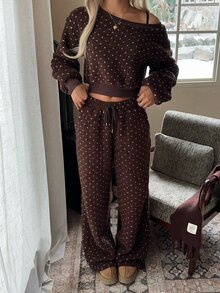 CovetEZ Women Polka Dot Pattern Asymmetric Shoulder Long Sleeve Sweatshirt & Drawstring Waist Pants Two Pieces Set - Brown - View 5