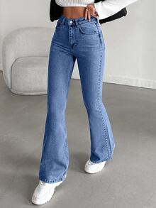 SHEIN Warm Effect High Waist Casual Style Light Blue Snow Wash Regular Fit Button Front Flare Jean - Light Wash - View 4