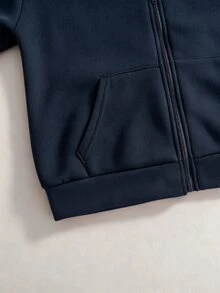 SHEIN 秋冬女款連帽拉鍊外套－街頭風休閒基本款，保暖針織面料，微寬鬆版型，校園街頭風，度假海軍藍 - 藏蓝色 - 查看 5