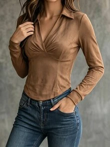 SHEIN 女款純色翻領長袖修身休閒襯衫 - 卡其色 - 查看 3