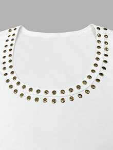 Glimmora Women's Vintage Rhinestone U-Neck Long Sleeve T-Shirt, Casual Slim Fit Basic Ribbed Top, Daily Y2K Inner Layer Base Layer - White - View 5