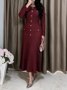 Modelyn Plus Size Women's Burgundy Woven Textured Striped Long Sleeve Metal Button Cinched Waist Bodycon A-Line Elegant Romantic Dress - Burgundy - View 6