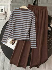 SHEIN PETITE Striped Long‑Sleeve Ruched Top & Solid Wide‑Leg Pants 2‑Piece Set Casual Slim Fit Women Outfit - Multicolor - View 2
