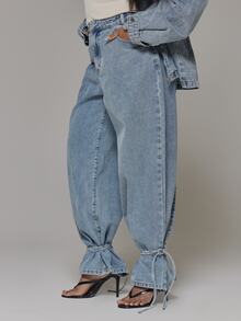 MUSERA Plus Size Blue Denim Lace Detail Jeans Spring Summer Casual Everyday Day Outfit Going Out - Blue - View 3