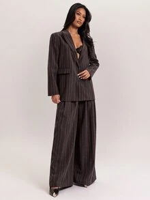 SHEIN BAE Women's Casual Striped Long Sleeve Blazer Jacket For Office And Business - Brown - View 3