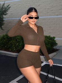 SHEIN SXY Women's Open Front Zipper Cropped Long Sleeve Top And Shorts, 2 Pieces Set - Brown - View 4