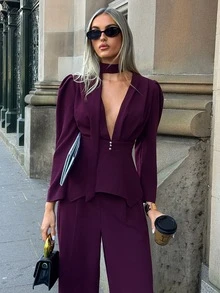 Aloruh Set Blazer dan Celana Wanita Warna Polos Fashion Kerah V Dalam - Red Violet - View 1