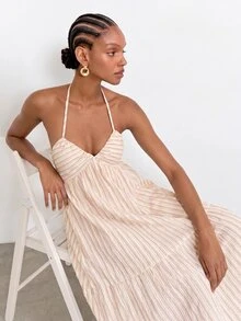 Maija Women's Halter Neck Striped Pattern High Waist Ruffle Hem Open Back Dress Beach Vacation Pink Stripe Summer Tropical Boho - Coffee Brown - View 6