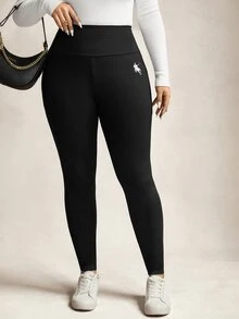 SHEIN CURVE+ 大尺碼女款亮片高彈性緊身內搭褲 - 黑色 - 查看 7