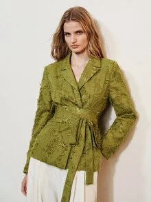 Aveloria Modichic Women's Blazer Slim Wrap Waist Jacquard Frayed Lapel Self Tie Fringe Commute Olive Green Elegant Designer Jacket Tops - Green - View 1