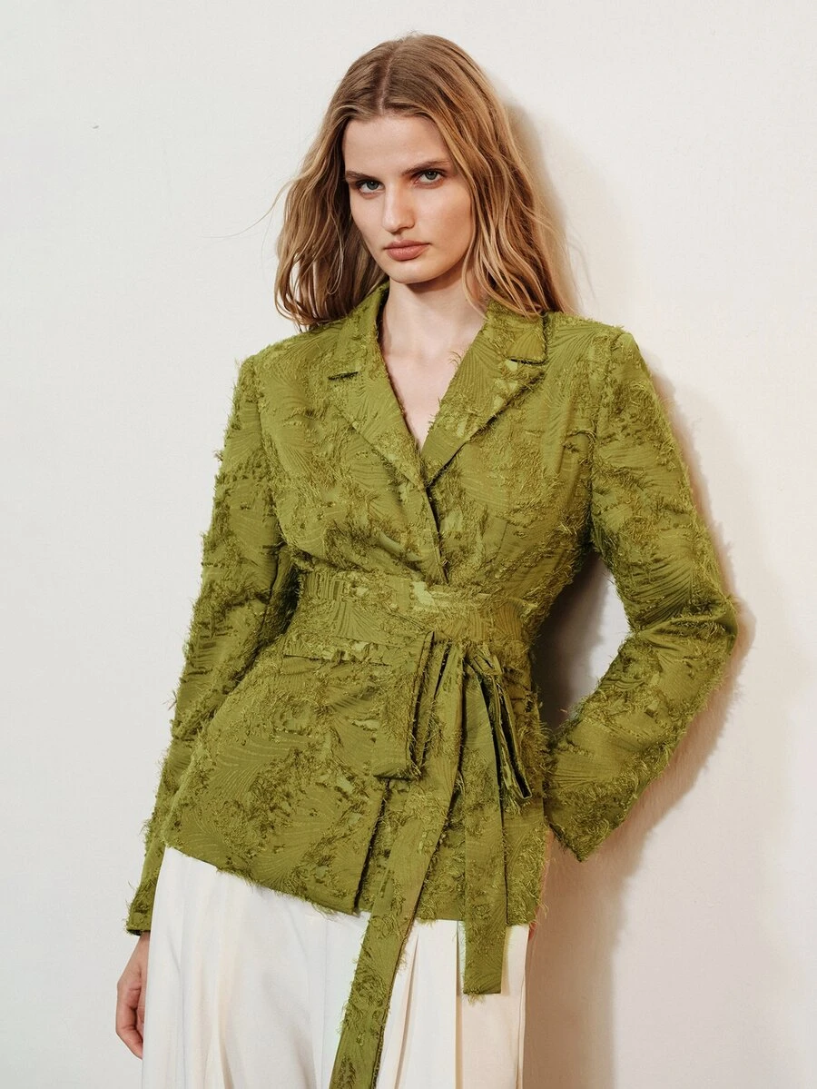 Aveloria Modichic Women's Blazer Slim Wrap Waist Jacquard Frayed Lapel Self Tie Fringe Commute Olive Green Elegant Designer Jacket Tops - Green - View 1