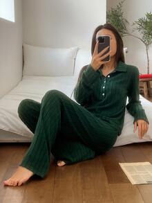 DAZY Women's Solid Color Long Sleeve Top And Pants Casual Daily Home Sleepwear Set - Coffee Brown - View 10