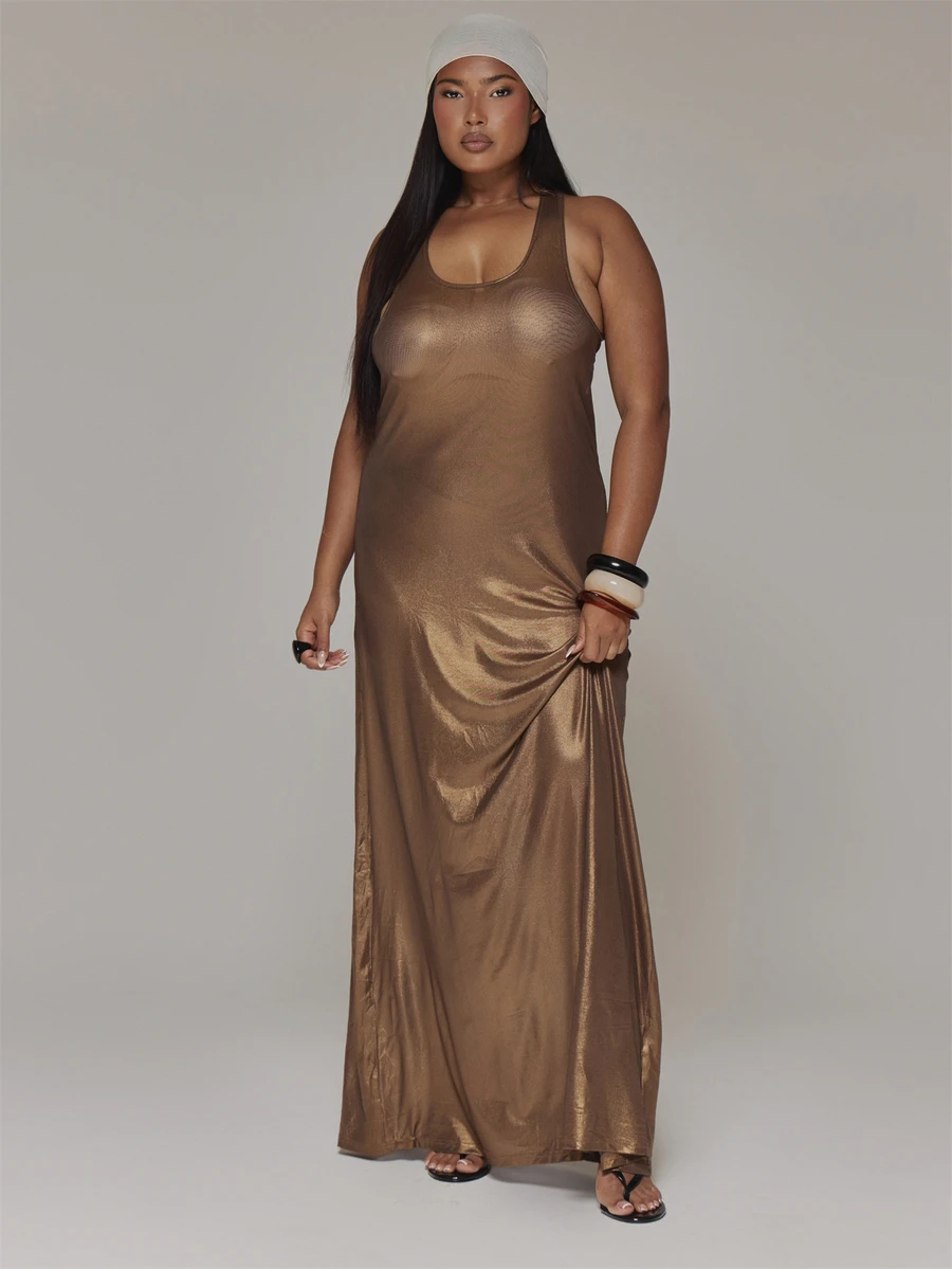 MUSERA Gold Sheer Detail Fitted Maxi Dress Casual Cool Basic Fall Winter Autumn - Brown - View 1