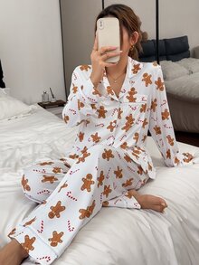 Napfluff Set Piyama Wanita Lengan Panjang dan Celana dengan Motif Permen Jahe Natal, Saku Kerah, Kancing Depan, dan Potongan Celana. - Putih - View 6