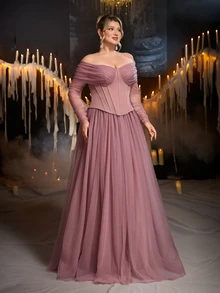 Glamrae Plus Size Elegant Fashionable Lotus Pink Knitted Mesh Patchwork Off-Shoulder Corset Style 2 In 1 A-Line Maxi Dress, Suitable For Prom, Wedding, Bridesmaid, Formal Evening Gown - Dusty Pink - View 7