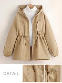 SHEIN 少女款寬鬆休閒連帽極簡純色收腰長袖百搭風衣 - 杏色 - 查看 4