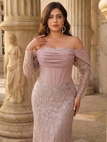 Glamrae Plus Size Elegant Luxurious Beaded Sequin Embroidered Lace Bubble Patchwork Elastic Knit Ruched Mermaid Skirt With Puff Sleeves, Suitable For Wedding Events, Bachelorette Party, Vacation, Ball, Evening Gown (Heavy Workmanship Style) - Dusty Pink - View 5
