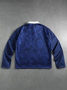 ROMWE MEN Chinese Style Blue And White Porcelain Dragon Digital Print Long Sleeve Polo Shirt T-Shirt, New Chinese Style Stand Collar Frog Button Contrast Color Raglan Loose Fit Unisex Retro Brand Top - Blue - View 3
