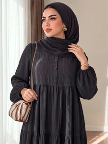 Al Najma Women's Elegant Minimalist Round Neck French Chic High-End Long Sleeve Plus Size Arabian Dress - Multicolor - View 9