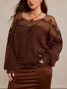 Freevana Slouchy Plus Size Women's Contrast Lace Design High-End Cold Shoulder Knit Top - Mocha Brown - View 3