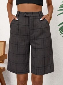 Aveloria Modichic Women's Plaid Straight Leg Shorts With Button Pockets And Zipper - Dark Grey - View 3