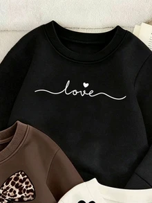 (3件組) 幼兒女童清新時尚簡約字母愛心豹紋蝴蝶結米色底黑花卉圖案基本款圓領運動衫上衣 - 彩色 - 查看 7