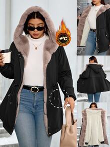 SHEIN CURVE+ معطف باركا شتوي مبطن بفرو تيدي مع خصر مشدود وغطاء رأس - الأسود - مشاهدة 16