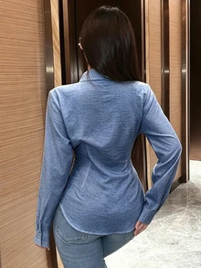 SHEIN LUNE 女款素色長袖裹身式襯衫，春秋女式上衣 - 藍色 - 查看 2