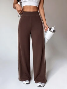 Eassivo 1pc Women's Seamless Ribbed Solid Color Side Stripe Street Casual Yoga Studio Training Long Straight Leg Leggings - Coffee Brown - View 4