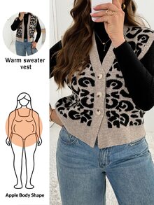 Shapeblank Women's Plus-Size Autumn/Winter Fashionable, Casual, Loose, And Comfortable Leopard Print Sweater Vest Cardigan,Fall Outfits,Going Out Tops - Brown - View 1