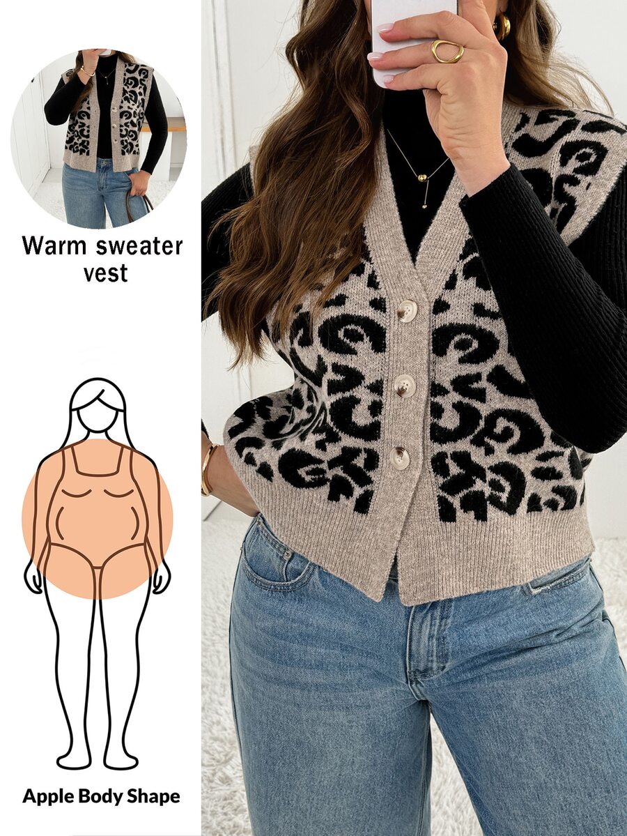 Shapeblank Women's Plus-Size Autumn/Winter Fashionable, Casual, Loose, And Comfortable Leopard Print Sweater Vest Cardigan,Fall Outfits,Going Out Tops - Brown - View 1