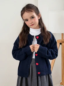 DAZY Kardigan Polos Warna Solid dengan Desain Hati dan Kancing untuk Anak Perempuan Tween, Leher Bulat, Lengan Panjang - Navy Blue - View 3