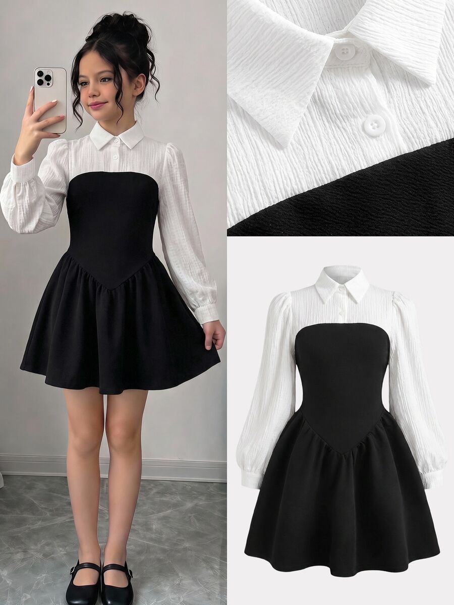 SHEIN 少女雙色燈籠袖二合一洋裝 - 黑與白 - 查看 1